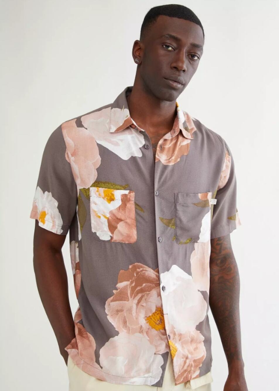 Standard Cloth Photo Real Floral Botanical Short Sleeve Button Shirt Mens Large